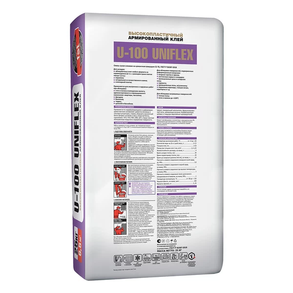 Клей для плитки/ керамогранита/ камня Unis Uniflex U-100 серый класс С2 ТЕ 25 кг