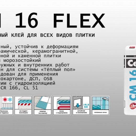 Клей для плитки/ керамогранита/ камня Церезит СМ 16 серый класс С2 ТЕ 25 кг