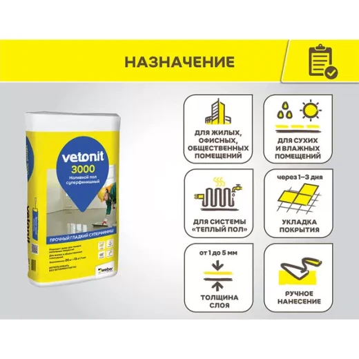 Ровнитель (наливной пол) финишный Weber.vetonit 3000 самовыравнивающийся 20 кг